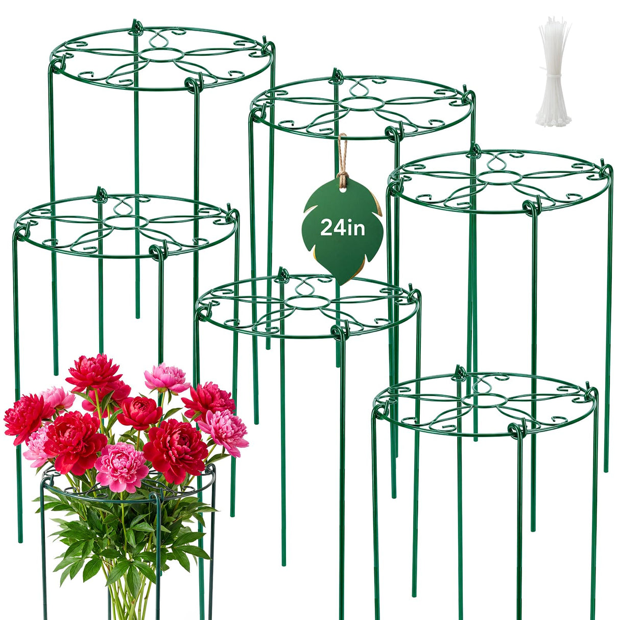 6 Pack 16 x 24 Inch Peony Cages and Supports, 16" D x 24" H Grow Through Plant Support Grid Brace for Outdoor Plants Flower, Metal Peony Stake Peony Ring Hoops Frame Support for Rose Tomato Vegetables