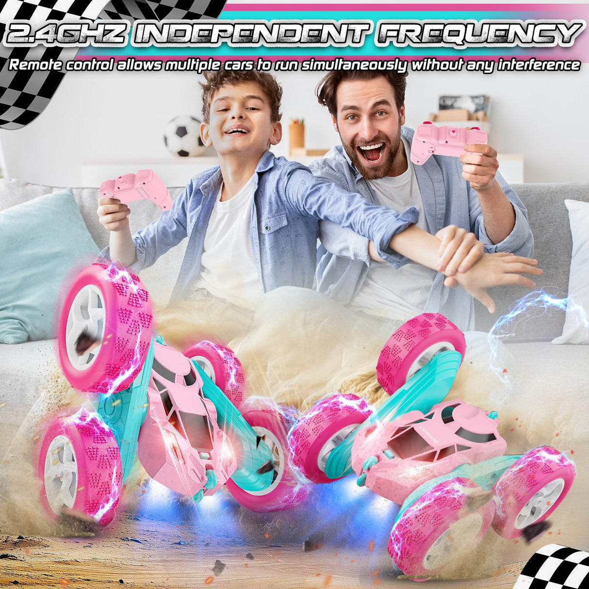 cosone Pink Remote Control Car for Girls - RC Stunt Cars with 4WD Double-Sided Driving 360° Flips Rotating, Off Road Remote Car Outdoor Toys for Kids Age 6 7 8-12, Christmas Birthday Gifts