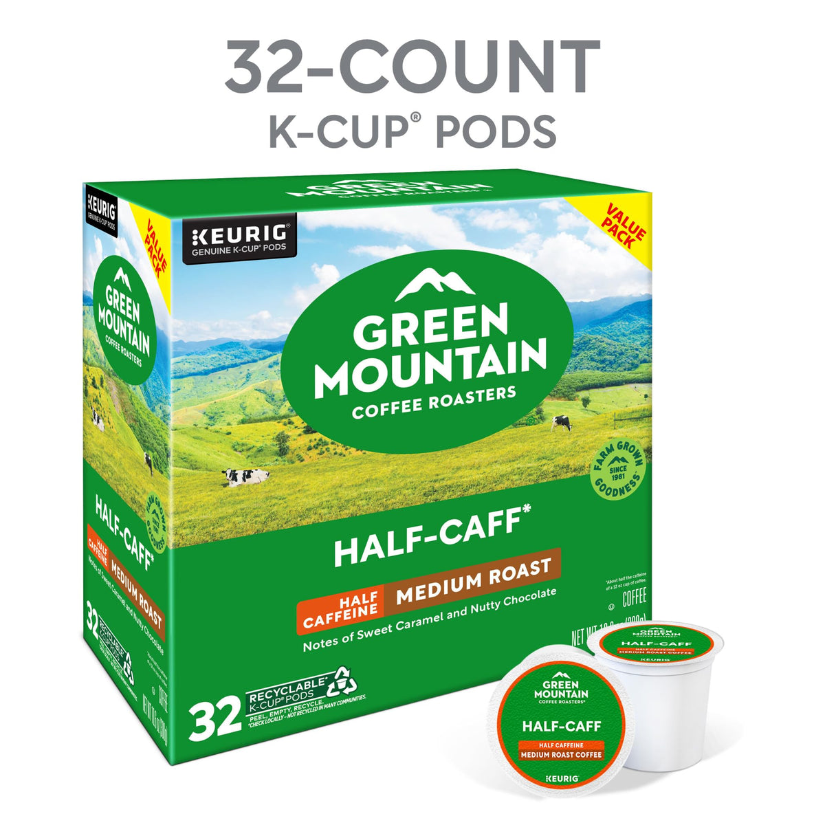 Green Mountain Half-Caff Coffee, K-Cup Pods, 32 Count