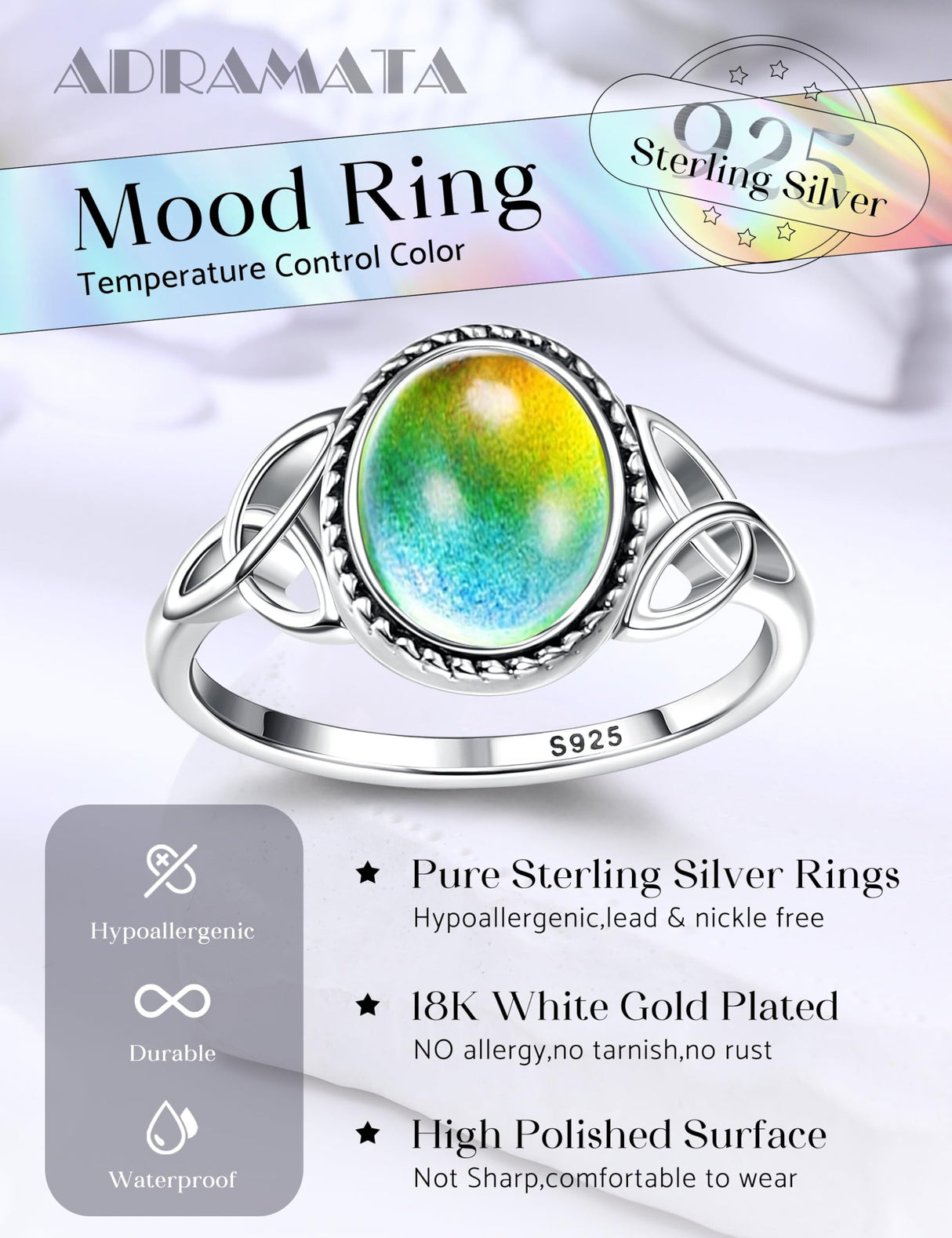 ADRAMATA 925 Sterling Silver Mood Ring for Women Color Change Mood Rings