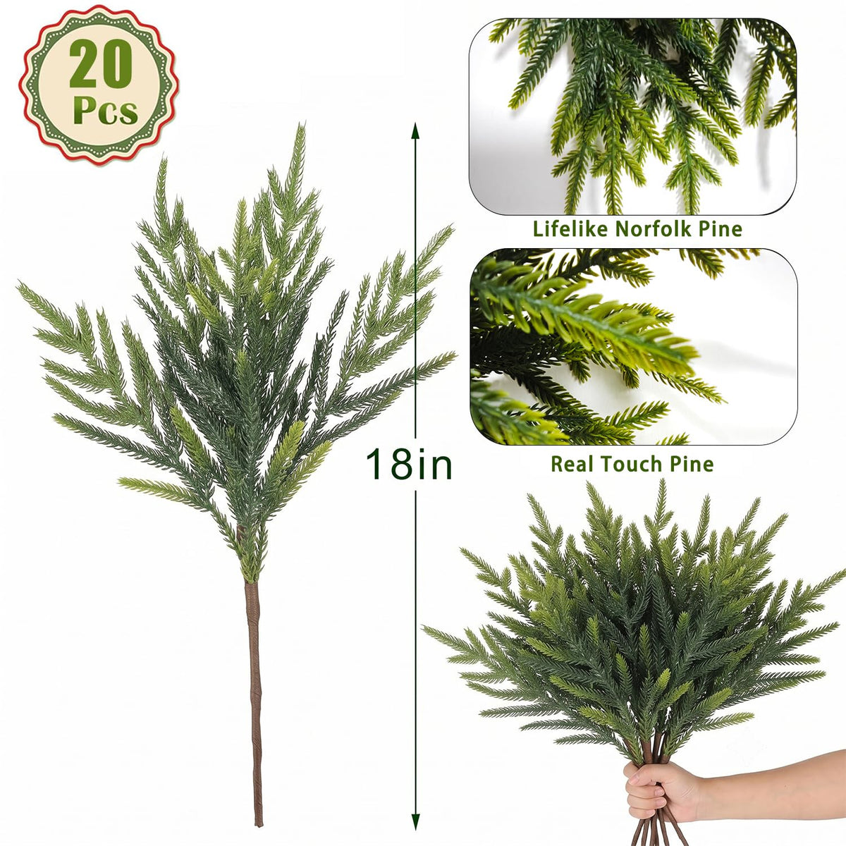 CCPanda 20 Pcs Christmas Artificial Norfolk Pine Branches 18" Real Touch