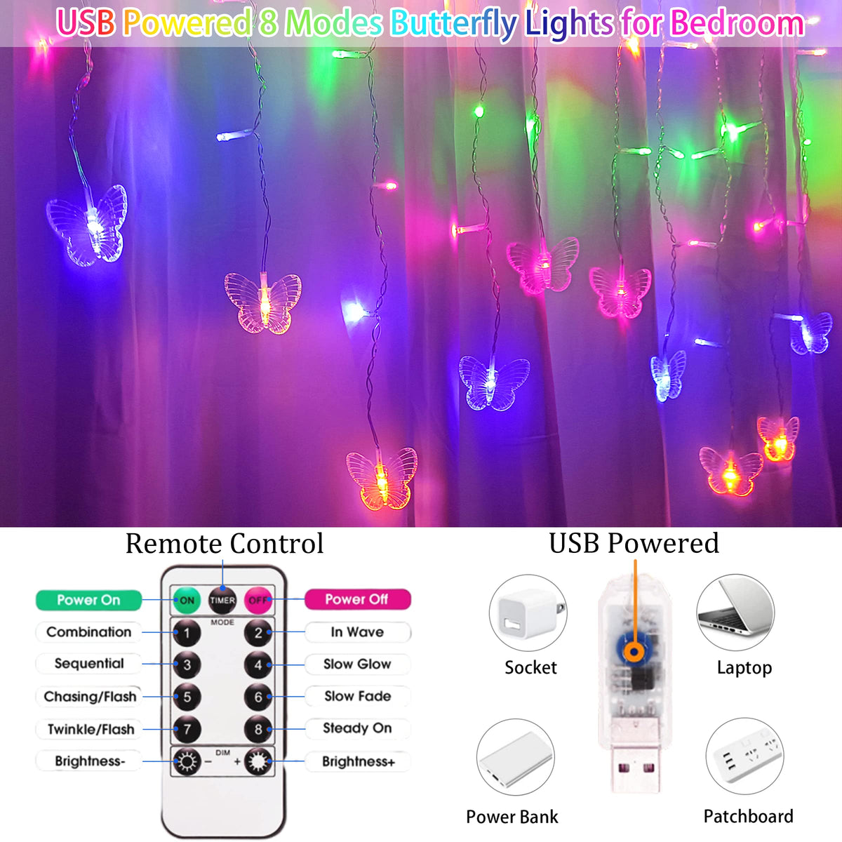 120 LED 20FT Butterfly Curtain Fairy Lights USB Pluged - 8 Modes Starry Twinkle Icicle String Lights with Remote Timer Waterproof for Kids Bedroom Christmas Wedding Party Dorm(Multicolor2)