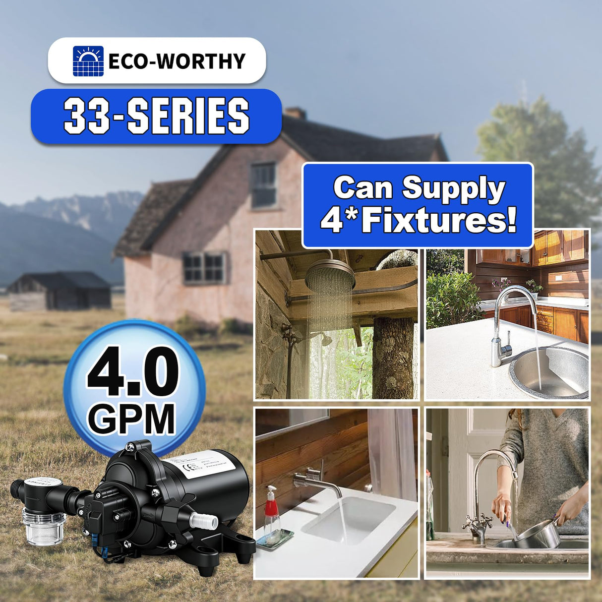 ECO-WORTHY 33-Series Industrial Water Pressure Pump 110V AC 4.0GPM 50PSI RV Fresh Water Diaphragm Pump include Garden Hose Adapters for Irrigation Marine Boat Sprinkler Faucet