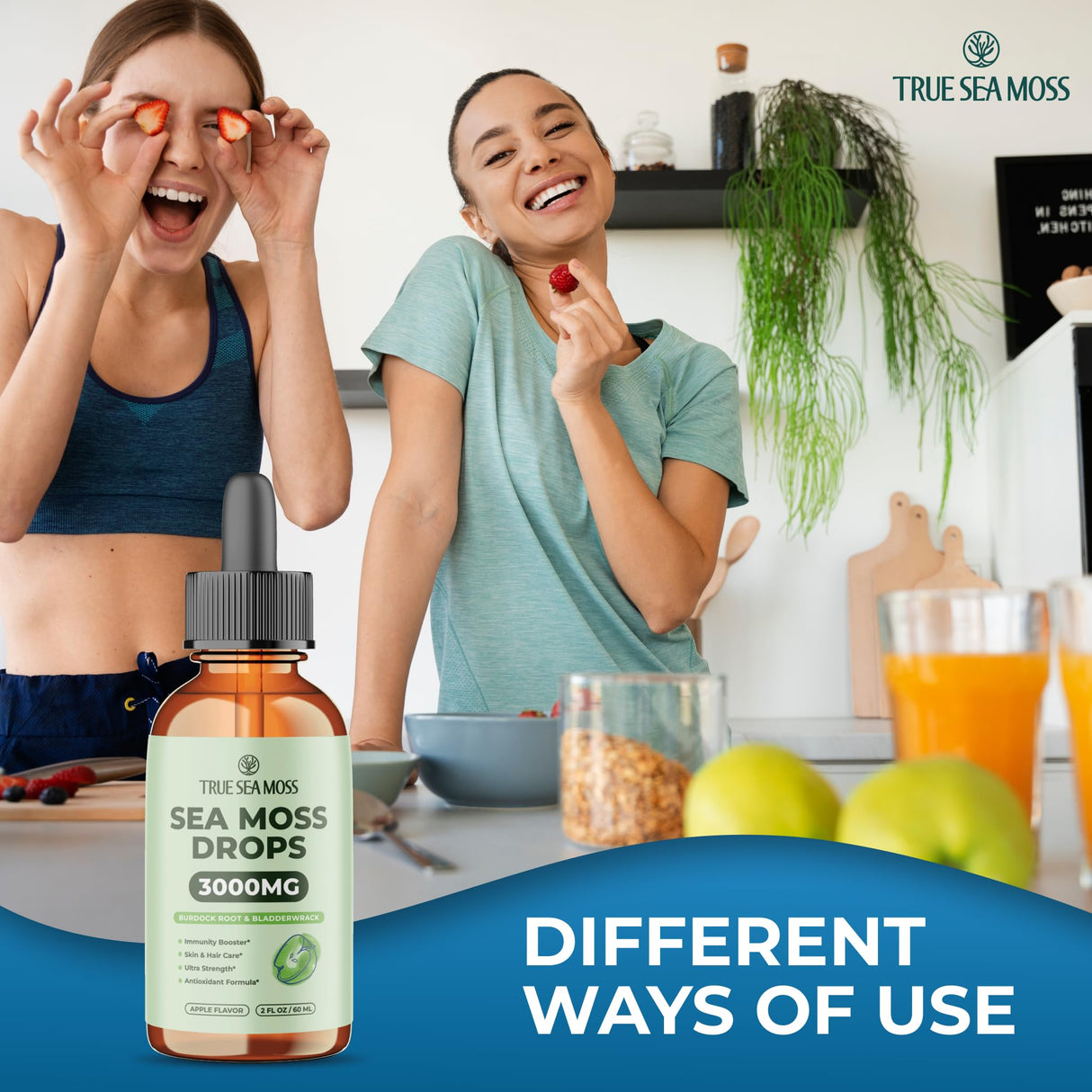 TrueSeaMoss 3000mg Irish Sea Moss Drops with Burdock Root & Bladderwrack for Digestive System & Muscle Recovery Support - 2 Fl Oz Apple NW1