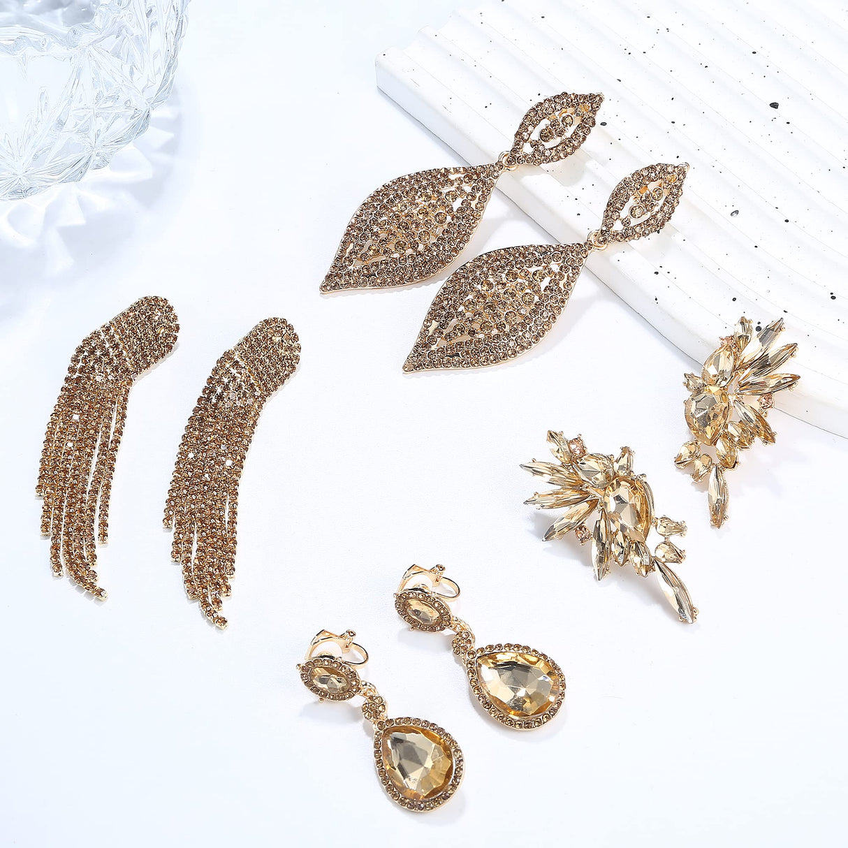 Sanfenly Gold Clip On Earrings Women Dangle, Large Long Dangling Non Pierced Earrings Elegant Formal Big Bling Rhinestone Crystal Simulated Diamond Clip Earrings for Women Non Pierced Ears