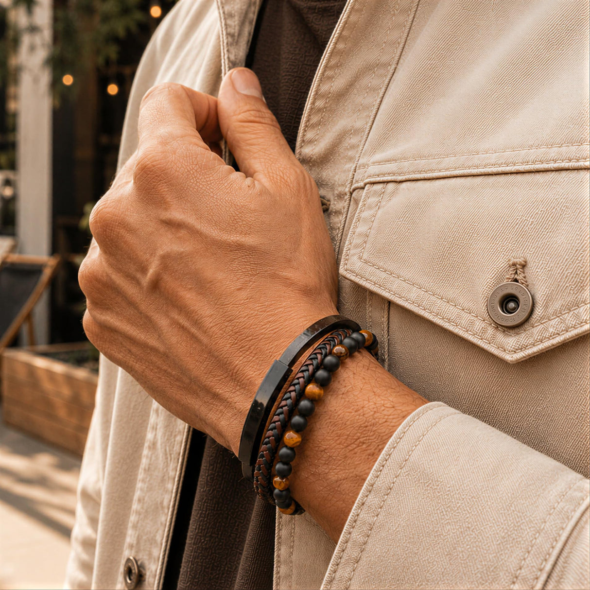 Premium Men’s Bracelet | Leather Bracelet for Men | Beaded Bracelets Black Onyx & Tiger-Eye Beads | Brown Leather Jewelry with Adjustable Stainless-Steel Clasp | Gift Dad Husband Son Boyfriend