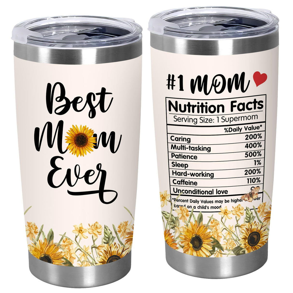 TEEZWONDER Christmas Birthday Gifts for Mom from Daughter Son - #1 Nutrition Facts Sunflower Stainless Steel Insulated Coffee Tumbler with Lid 20 oz - Mothers Birthday Gifts for Mama Grandma Women