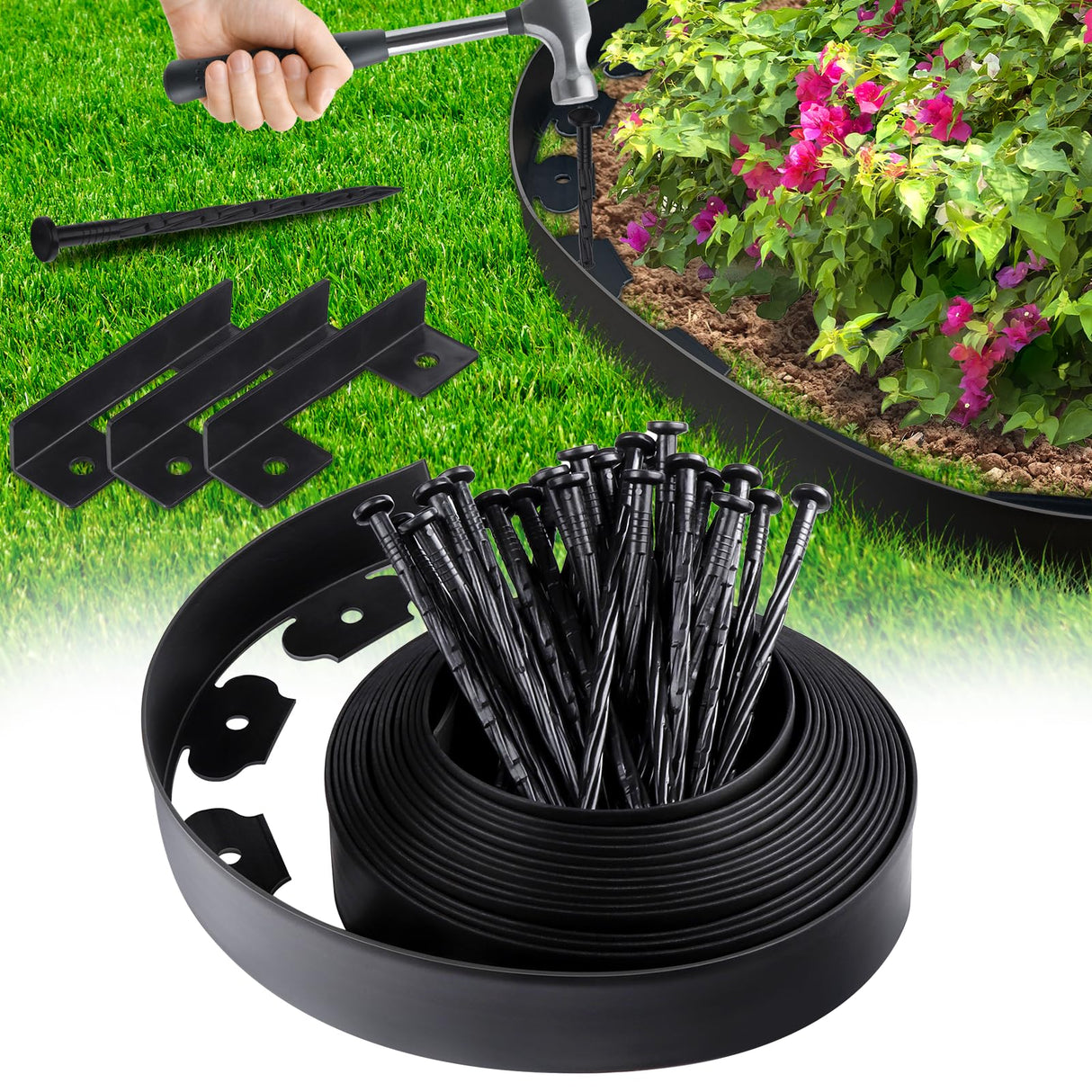 Landscape Edging Border No Dig - 40FT 2IN Tall Garden Edging Border with 40 Stakes, Plastic Garden Fence Lawn Edging Flexible for Landscaping, Flower Beds, Yard, Pathway with Connectors
