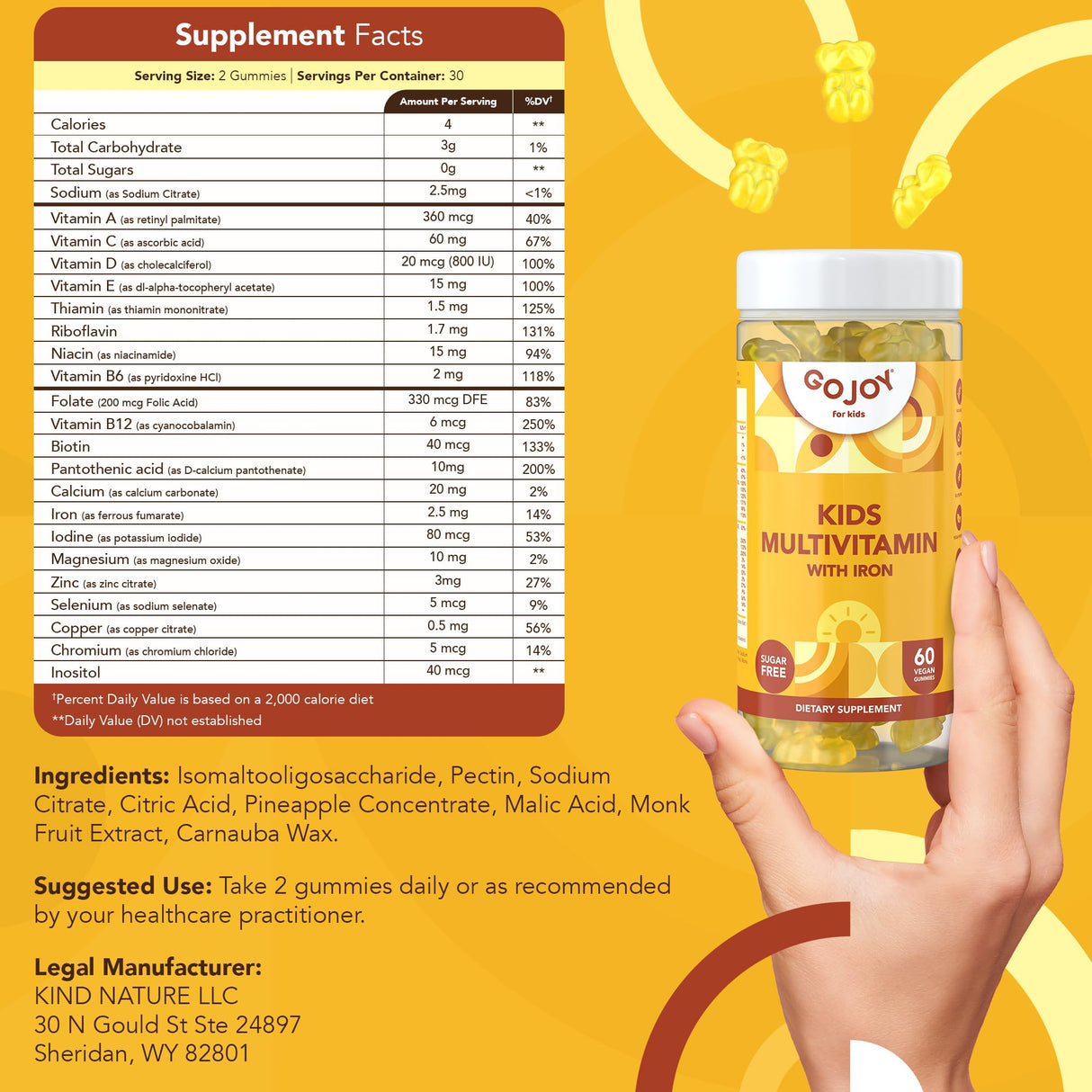 GOJOY NATURALS Picky Eater Kids Multivitamin Gummies with Iron - Sugar Free Chewable Iron Supplement for Toddlers & Children 3 & Up - Essential Kids Vitamins for Growth & Development