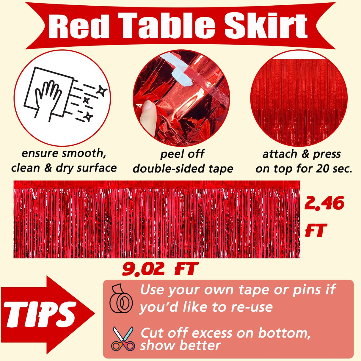 6 Pack 29x108 Inch Red Metallic Foil Fringe Table Skirts Banner for Tinsel Streamer Garland Curtains Backdrop for Parade Floats Wedding Baby Shower Birthday Christmas Halloween Party Decoration