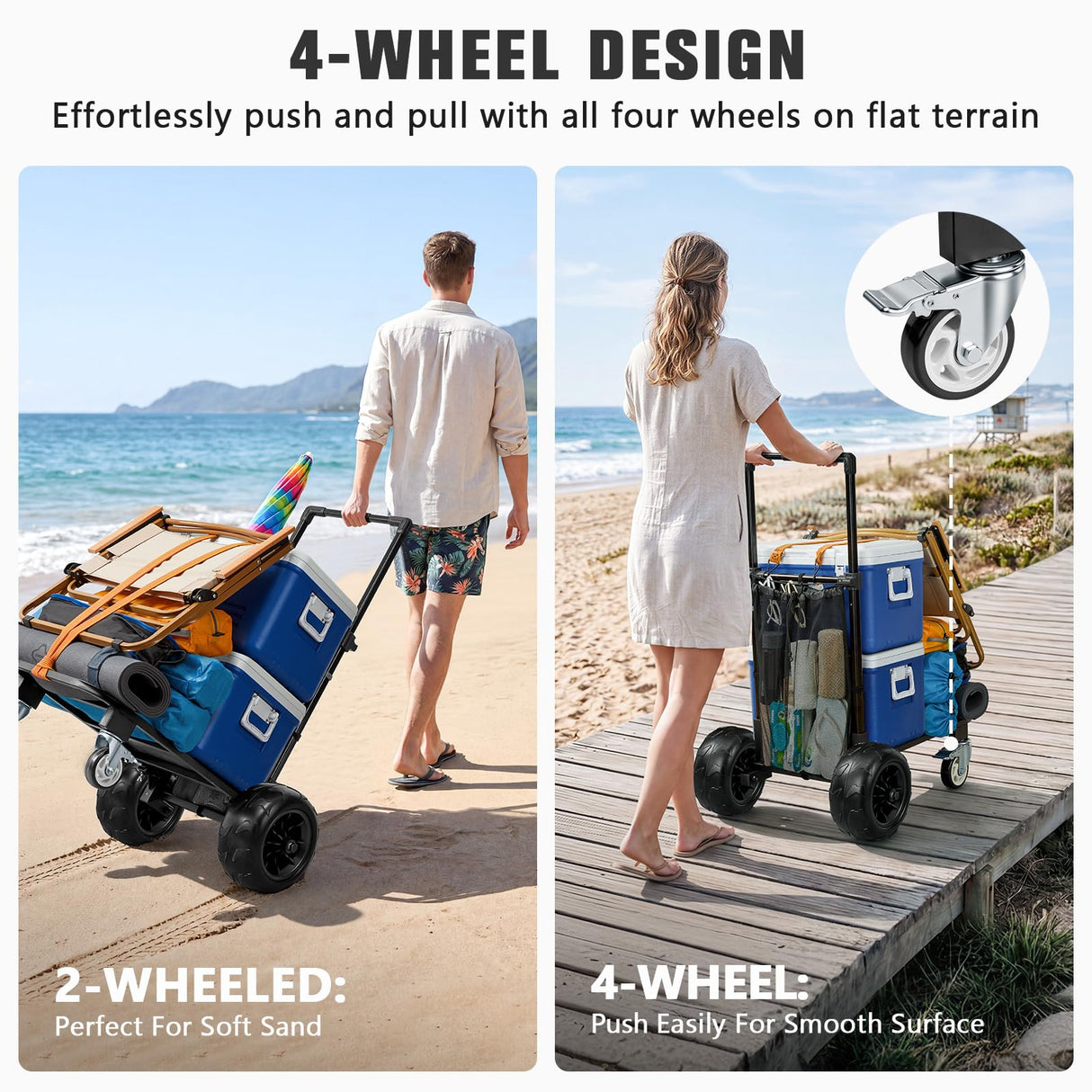 KEDSUM Beach Cart for Sand with 9" Airless Solid Big Wheels-No Deflated, 330LBS Heavy Duty Beach Dolly, 4-Wheel Push & Pull Beach Wagon for Beach, Camping, Rust-Resistant & Folds Compact