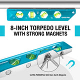 DURATECH 8-Inch Level, Magnetic Torpedo Level with 0°/30°/45°/90° Bubbles, V-Groove, Large Viewing Window, Aluminum Alloy Body, Hanging Hole, SAE and Metric Scale for DIY Projects and Household Use