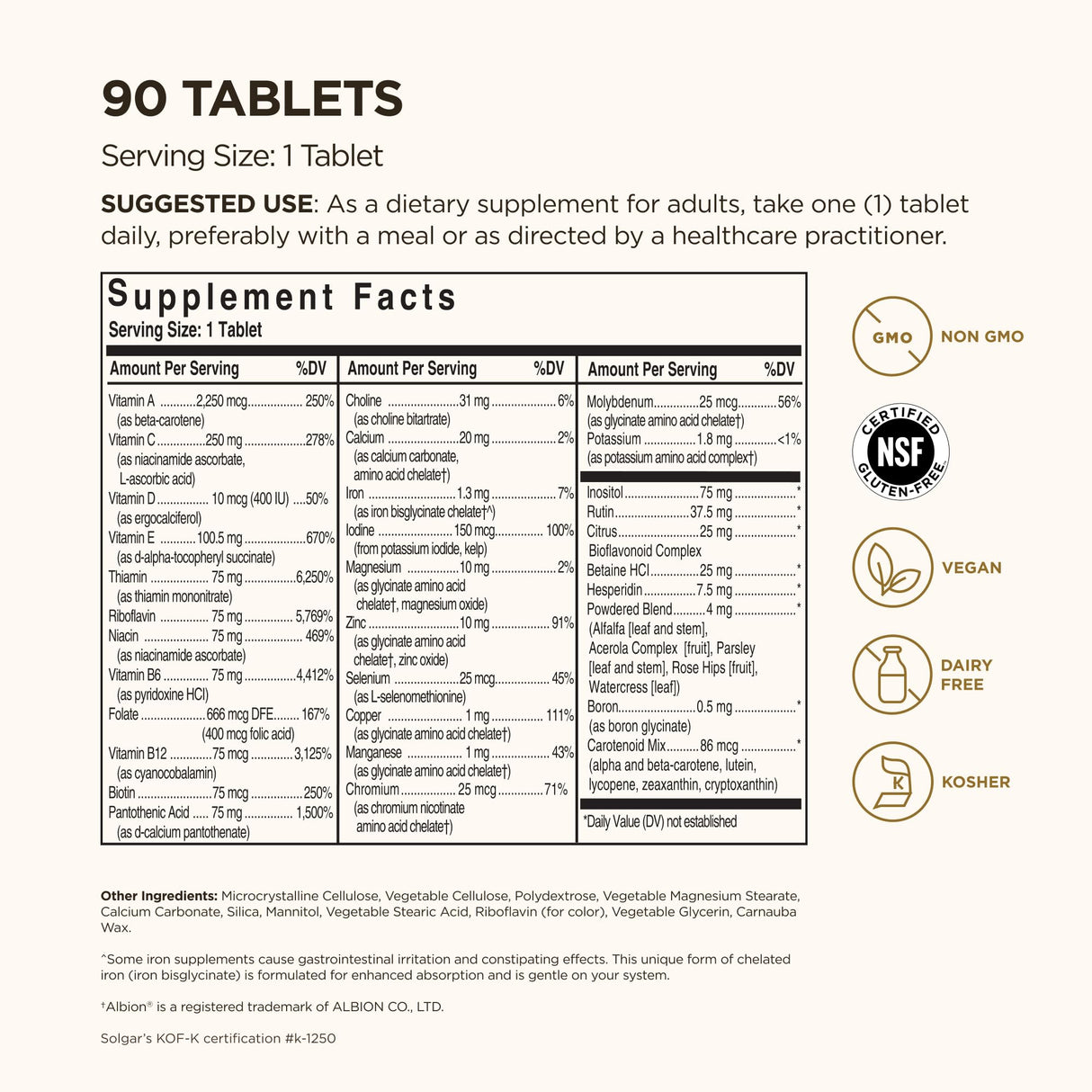 Solgar Formula VM-75, 90 Tablets - Multivitamin with Chelated Minerals - Vitamin A, B6, B12, C, D, E - Biotin, Magnesium, Calcium, Iron, Zinc - Vegan, Gluten Free, Dairy Free, Kosher - 90 Servings