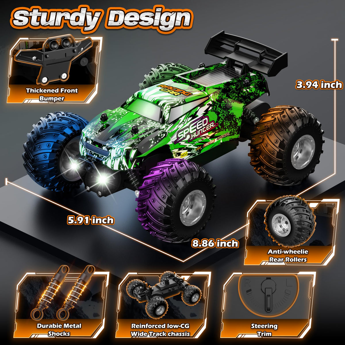 Remote Control Car All-Terrain 1:18 Rc Car with LED Lights 2 Batteries