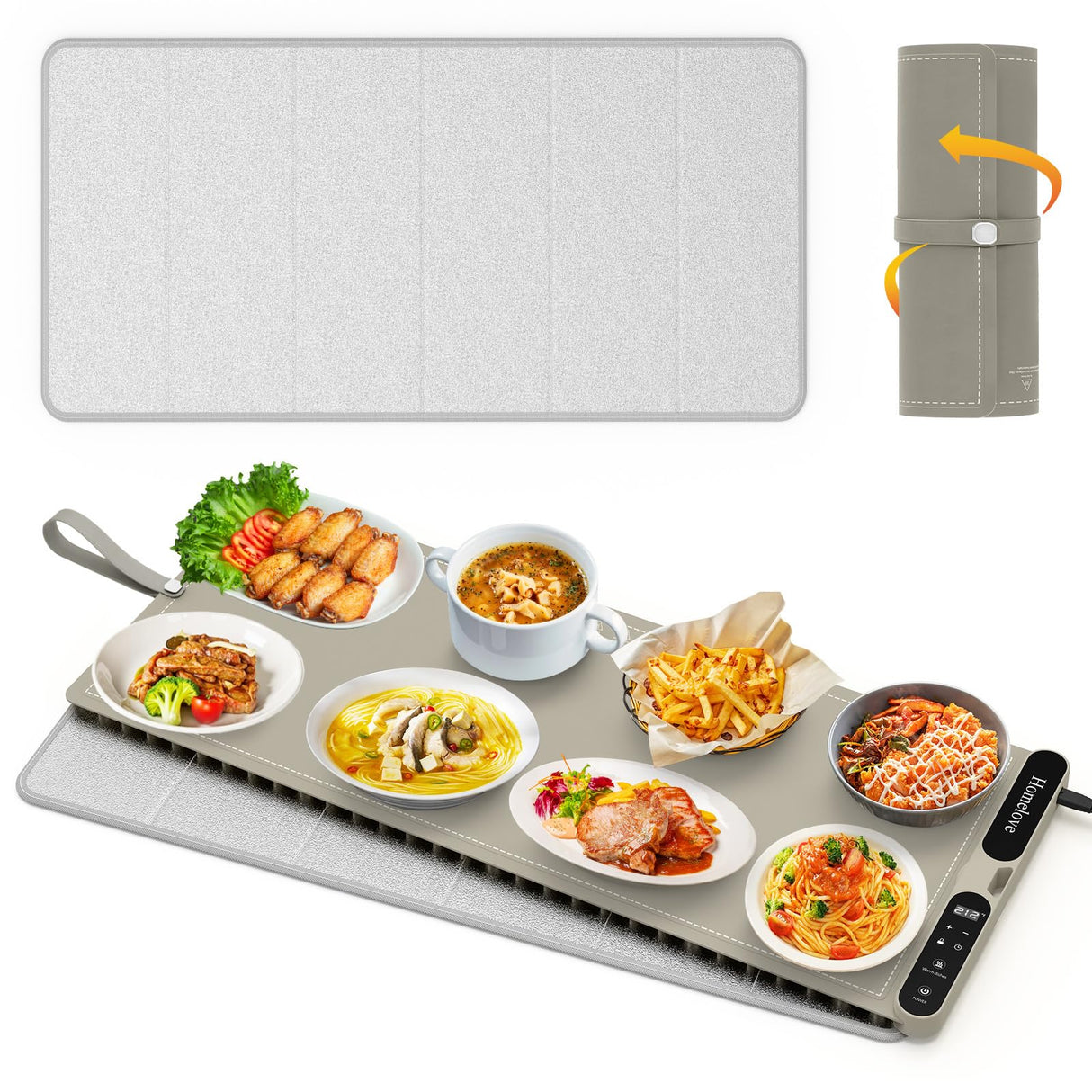 Homelove Warming Mat for Food - Fast Full Surface Electric Warming Tray with 7 Temp-Settings & 8H Timer, Portable Roll Up Food Warmer with Heat Insulation Pad for Gatherings Parties Buffet XXL-Khaki