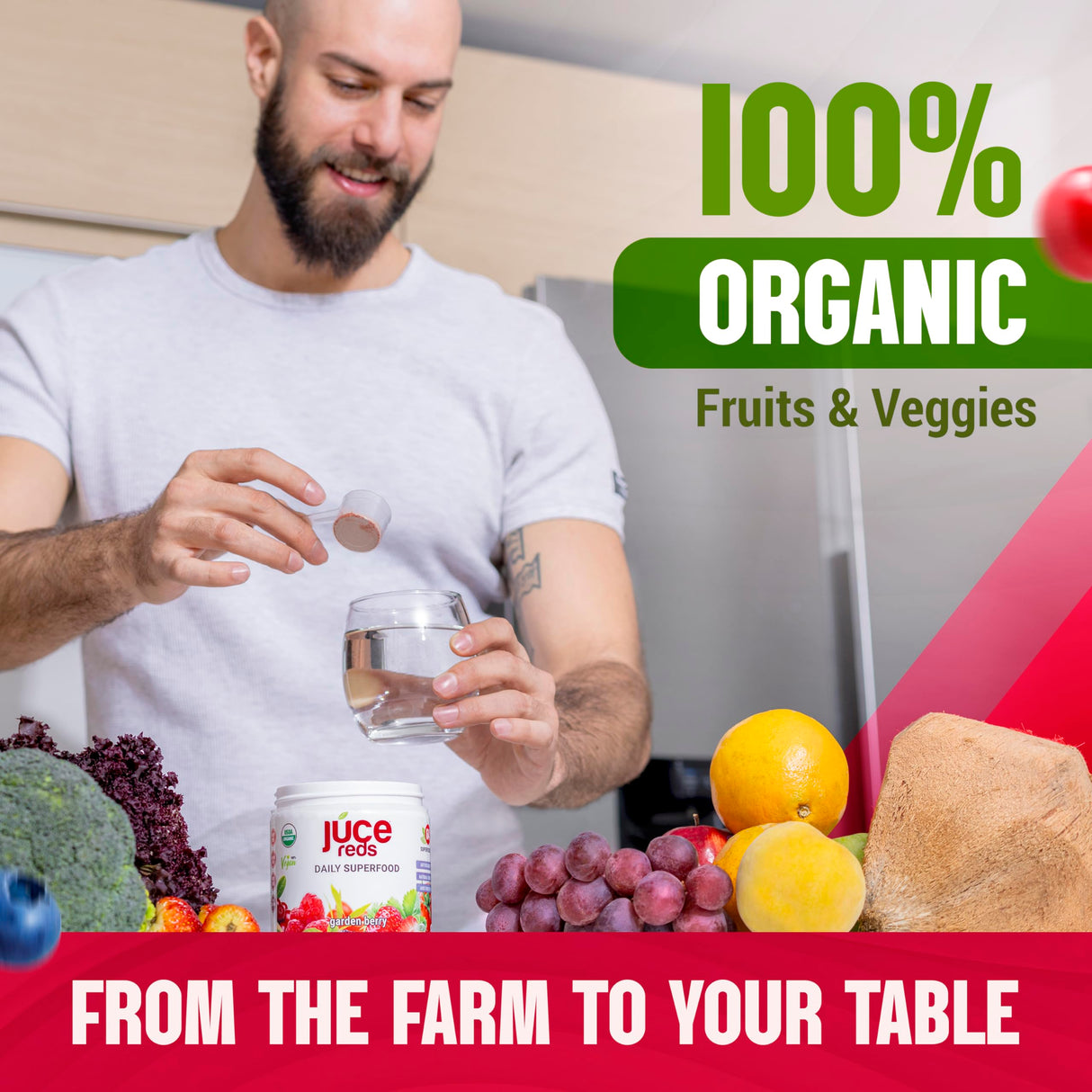 JUCE Reds Organic Superfood Powder - Garden Berry Flavor | Fruit & Veggie Powder for Everyone w/64 Immune Boosting Superfood Plus Probiotics for Gut Health | 20 Servings (230g) | By Terra Kai Organics