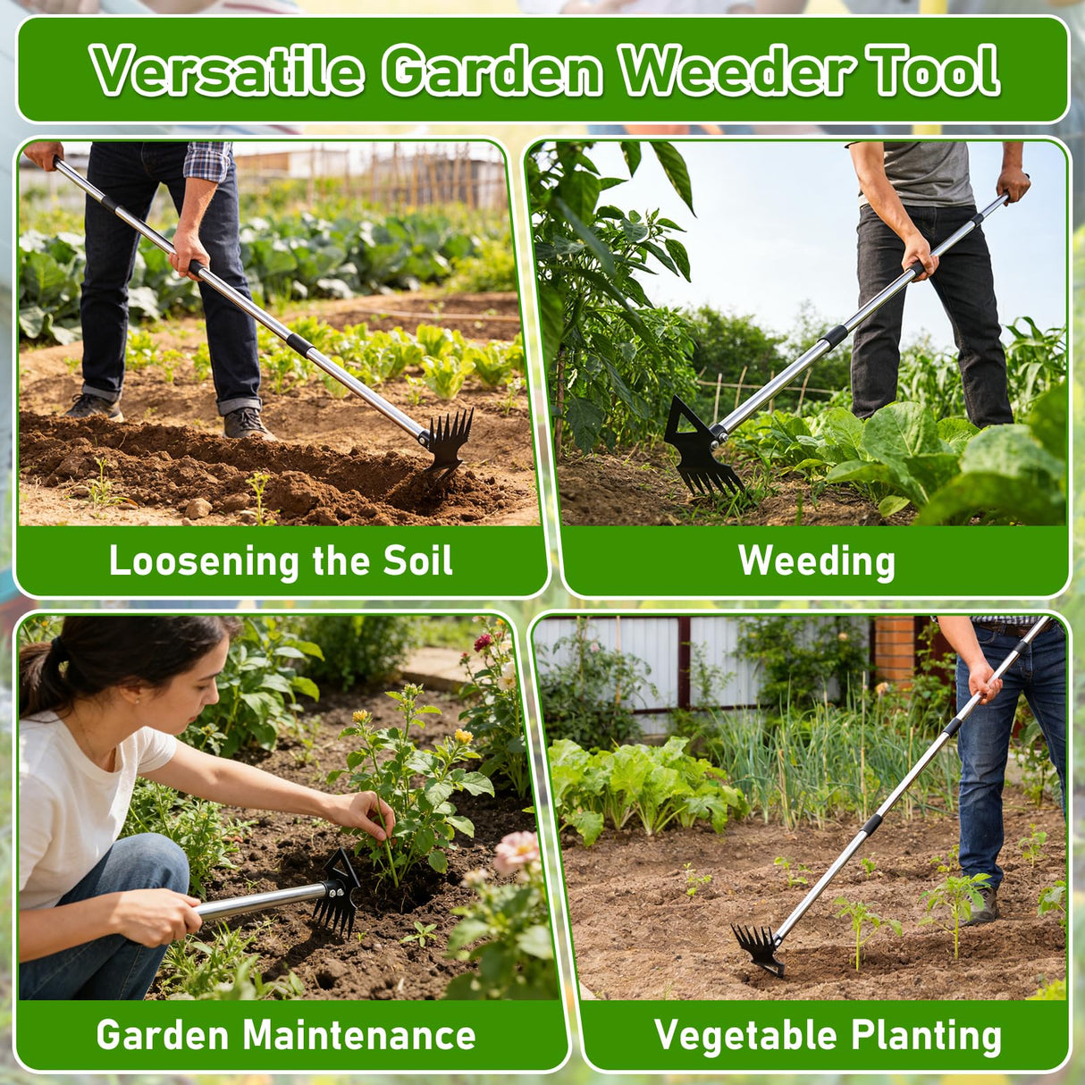 Upgraded Weed Puller Tool with Long Handle, 56" Manual Weeder Remover Tool, 2 in 1 Hand Weed Rake Garden Hoe for Gardening, Heavy Duty Uprooting Weeding Pull for Lawn, Yard, Patio Garden