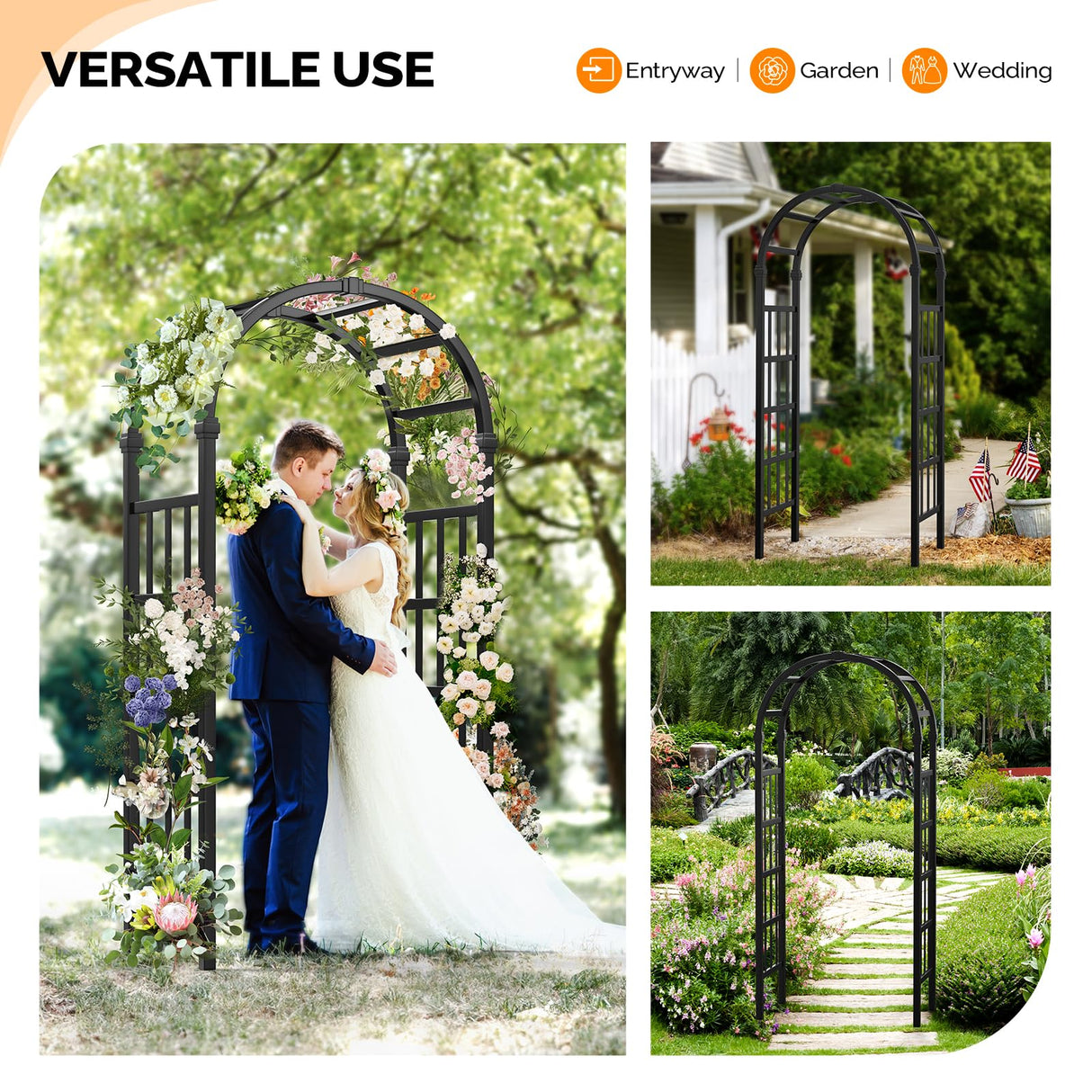 VINGLI Vinyl Garden Arbor, PVC Wedding Arch for Ceremony Party, Garden Trellis for Climbing Plants Outdoor, Arch Backdrop Stand for Garden, Backyard, Lawn (Black, 39.5in)