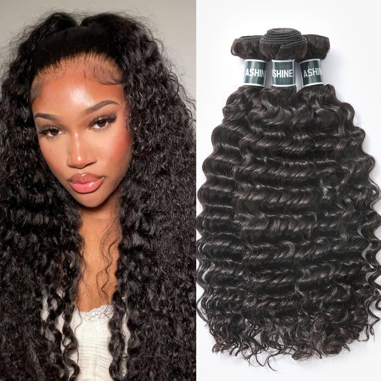 ASHINE Human Hair Bundles Deep Wave Unprocessed Cambodian Raw Hair 16 18 20 Inch, Flip Over Quick Weave Wet and Wave Bundles for Women Natural Black