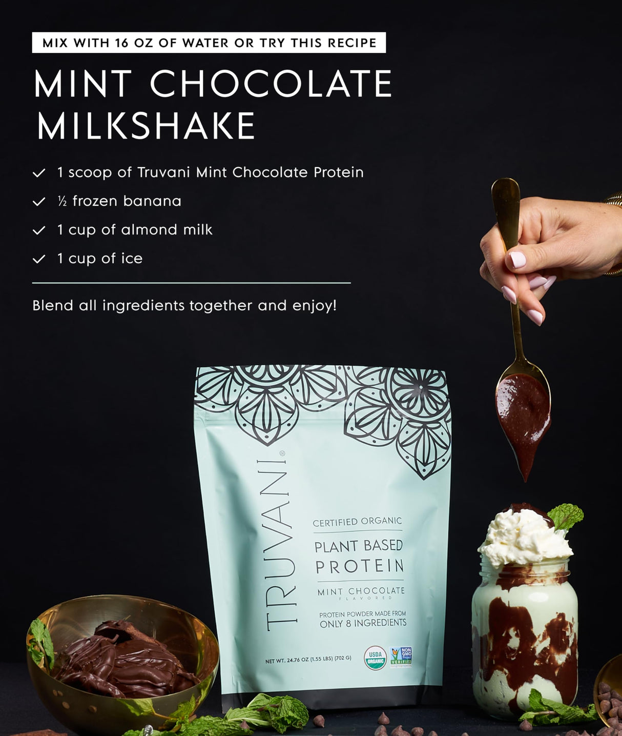 Truvani Vegan Pea Protein Powder | Mint Chocolate | 20g Organic Plant Based Protein Per Serving | 10 Servings | Keto | Gluten & Dairy Free | Low Carb | No Added Sugar