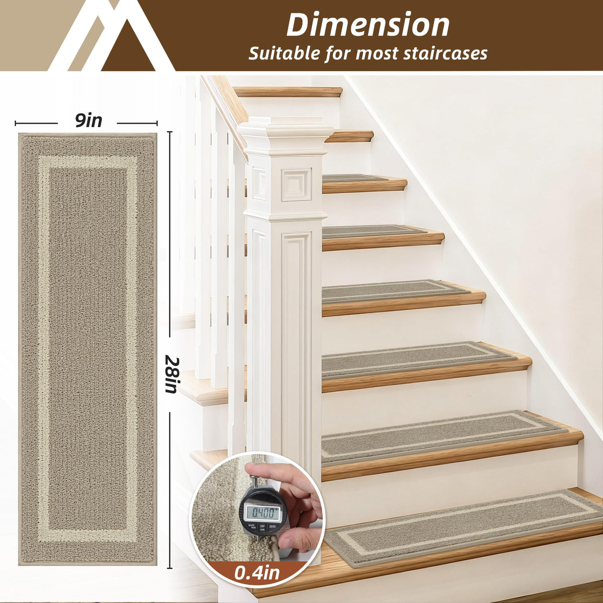 COSY HOMEER Soft Stair Treads 15pcs Non-Slip Carpet Mat 28inX9in Indoor Stair Runners for Wooden Steps,Stair Rugs for Kids and Dogs, 100% Polyester TPE Backing Beige