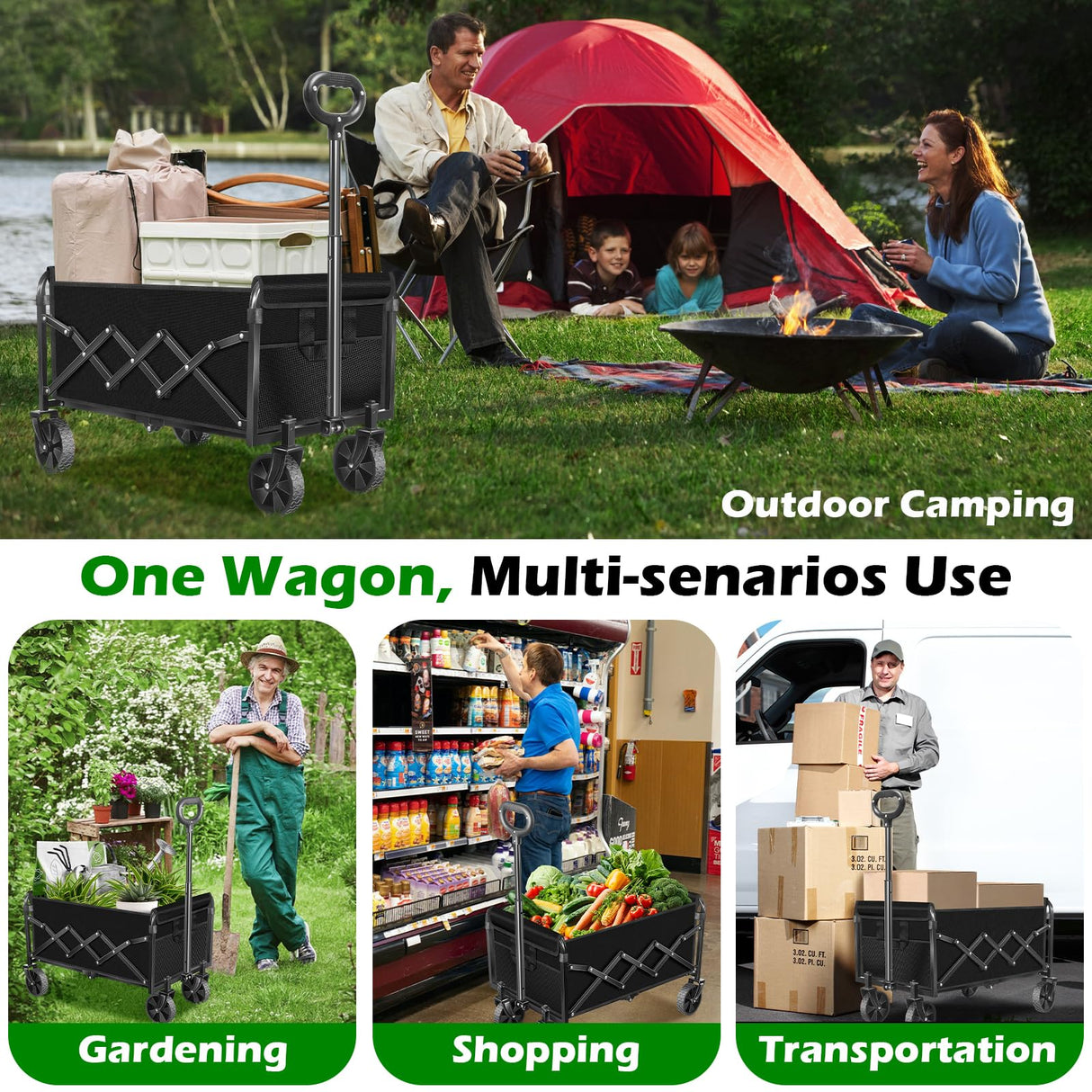Collapsible Wagons Carts Foldable Wagon, Foldable Wagon Cart with Wheels, Folding Wagons for Beach Camp Sports Garden, 2 Cup Holders/Lightweight Portable/Black/280 LBS