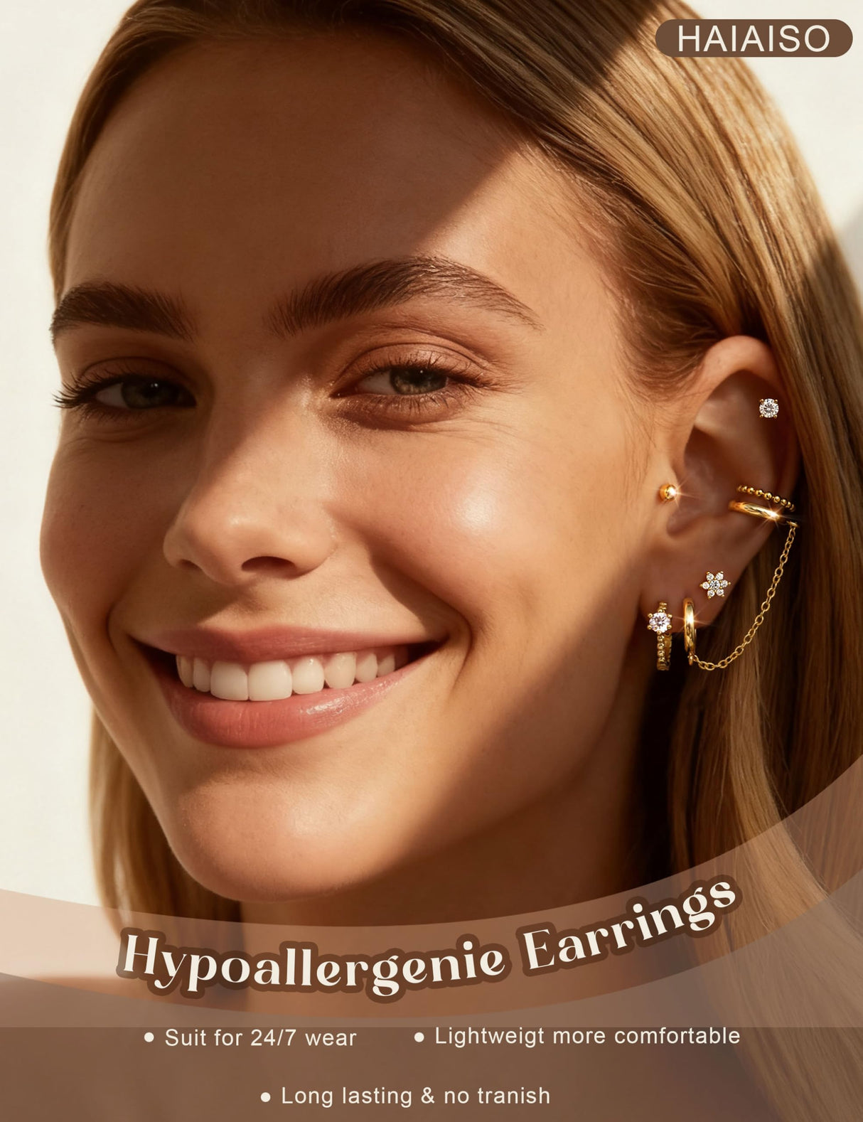 HAIAISO 10 Pairs Small Gold Huggie Hoop Earrings for Women Lightweight Double Piercing Chain Earrings 14K Gold Plated Dainty Ball Stud Earrings Hypoallergenic Gold Earring Set