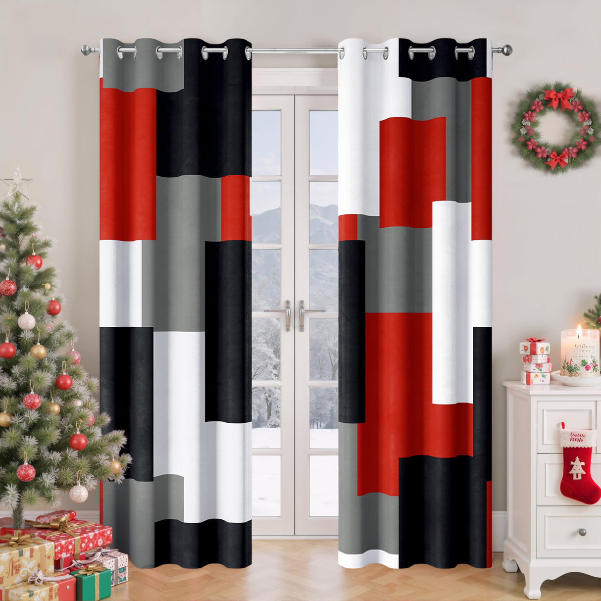 Tyrot Red Black 100% Blackout Curtains for Bedroom 84 inch Long 2 Panels Set Modern Abstract Geometric Black Out Living Room Curtains Christmas Red Thermal Room Darkening Window Drapes, 52Wx84L