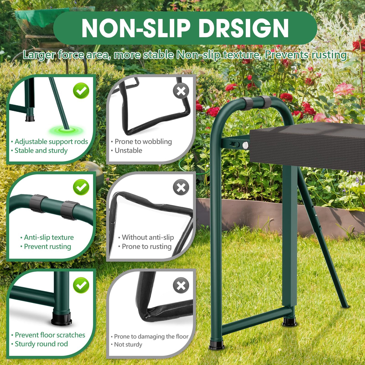 Onadak Heavy Duty Garden Kneeler & Seat with Support Legs, 400lbs Capacity Foldable Gardening Stool, Extra Thick Pad & Large Tool Organizer Bag, Ergonomic for Seniors - Dark Green
