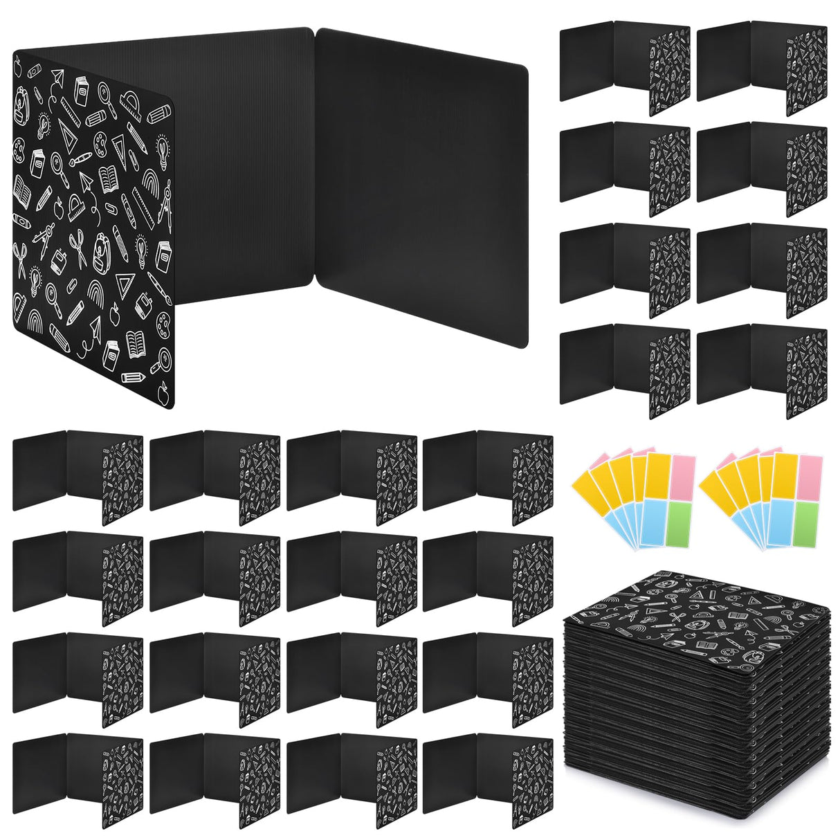 24 Pack Black Printing Privacy Floders for Student Desks - Durable Plastic Erasable - Testing Dividers for Classroom - Easy Clean Privacy Shields for Student - Includes Extra Labels