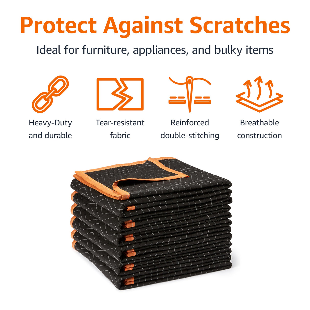 Amazon Basics Reinforced Tear-Resistant Moving Blankets, 72" x 40", Black, 6-Pack