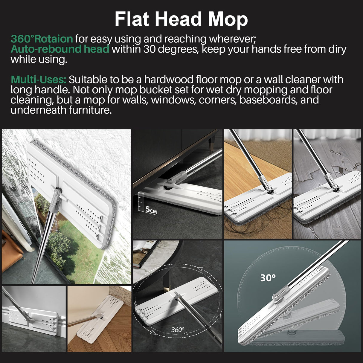 JOYMOOP Mop and Bucket with Wringer Set, White Flat Squeeze Mop Bucket Set for Floor Cleaning, Wet Dry Mop for Walls, Wall Cleaner with Long Handle, Hardwood Floor Mop-5 Microfiber Cloths