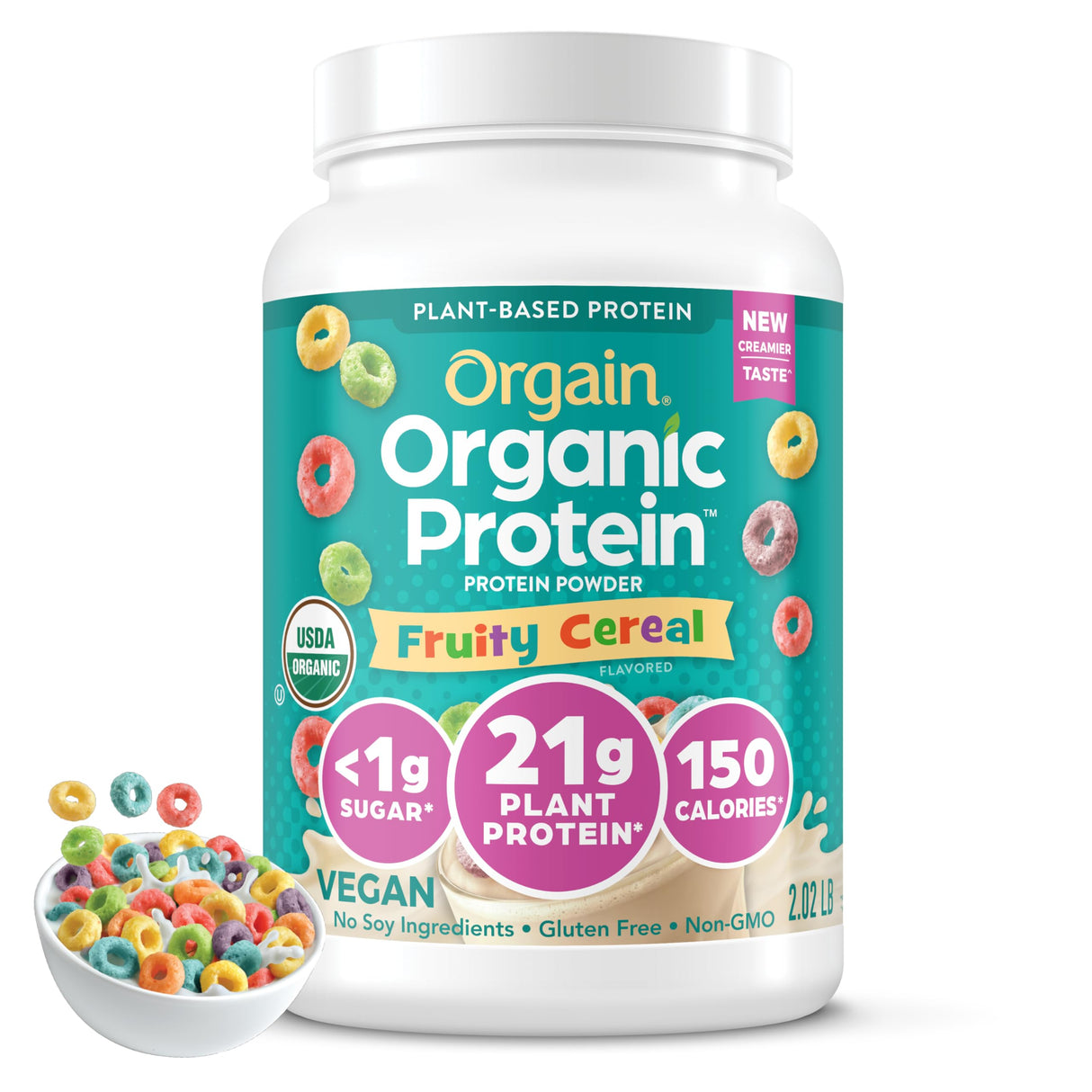 Orgain Organic Vegan Protein Powder, Fruity Cereal - 21g Plant Based Protein, Gluten Free, Dairy Free, Lactose Free, Soy Free, No Sugar Added, Kosher, For Smoothies & Shakes - 2.03 lb
