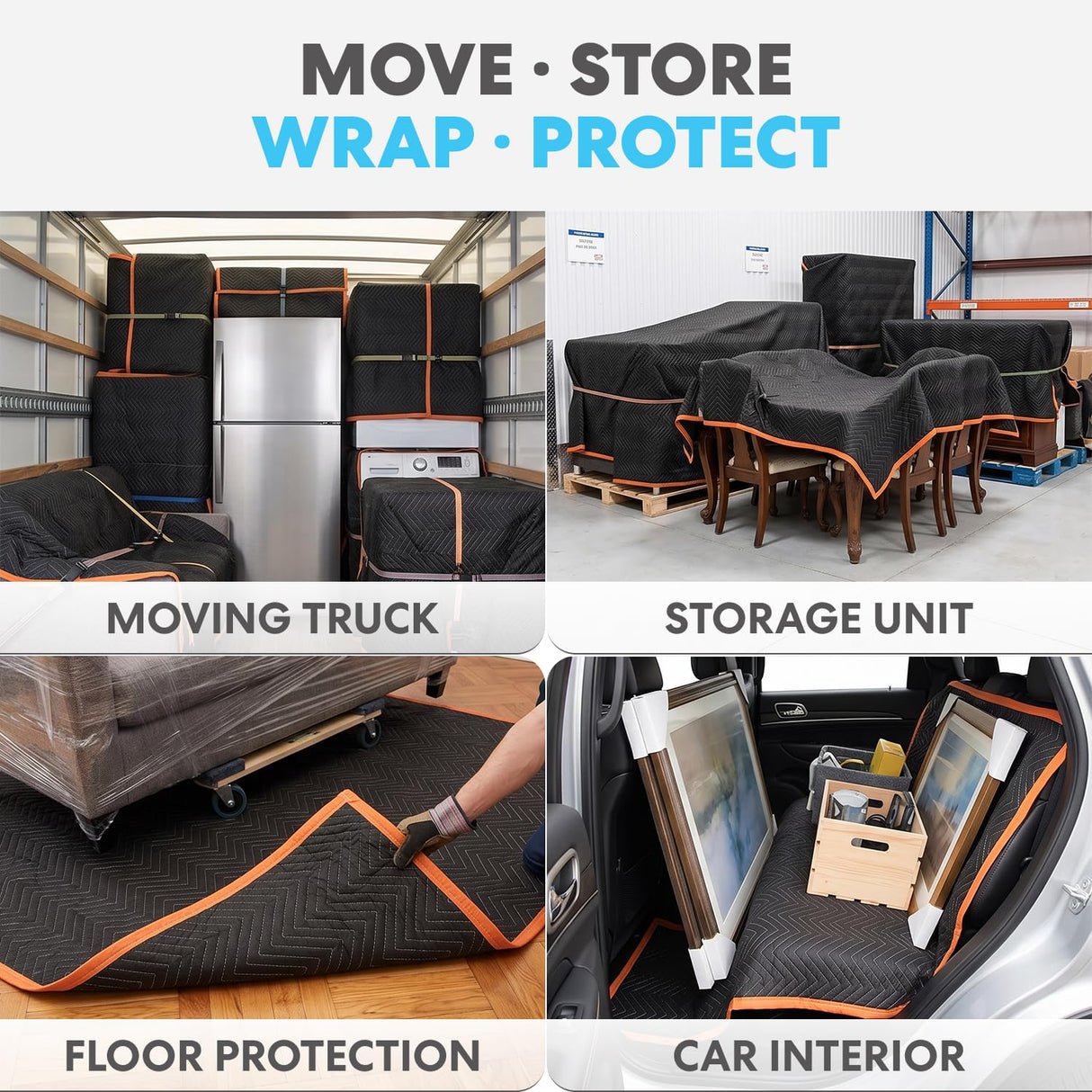 SIMPLI-MAGIC 79523 Heavy Duty Padded Moving Blankets, Black/Orange, 72” x 80”, 12 Pack