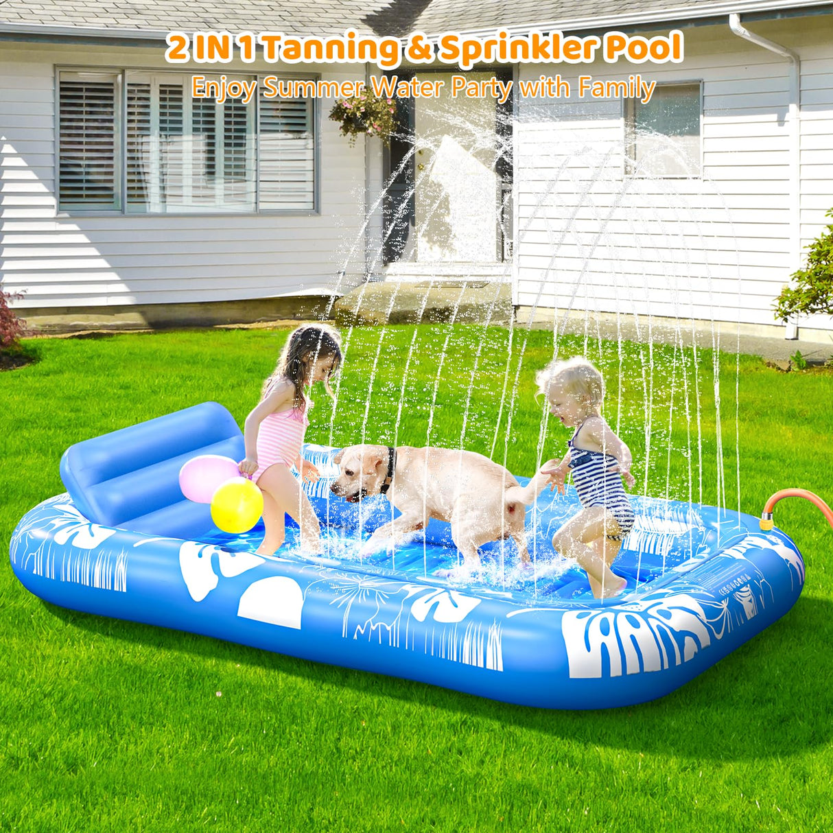 Inflatable Tanning Pool Lounger Float with Sprinkler, 77" x 48" Pool Floats Adult with Pillow, 6 in 1 Suntan Tub Raft Floatie with Drink Holder Sunbathing Water Lounge