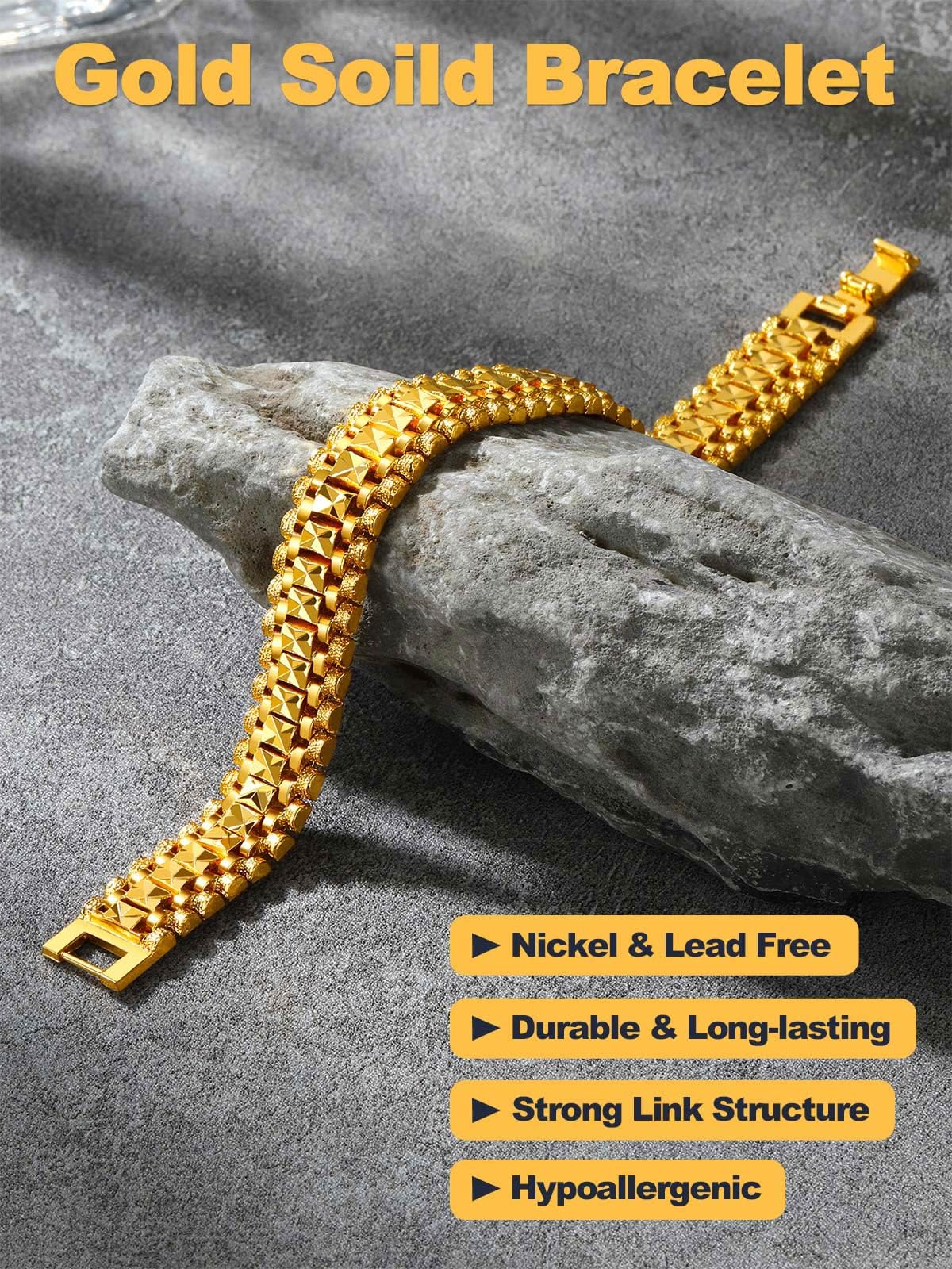 U7 Gold Bracelet for Men，14K Yellow Gold Plated Solid Mens Bracelet 12mm