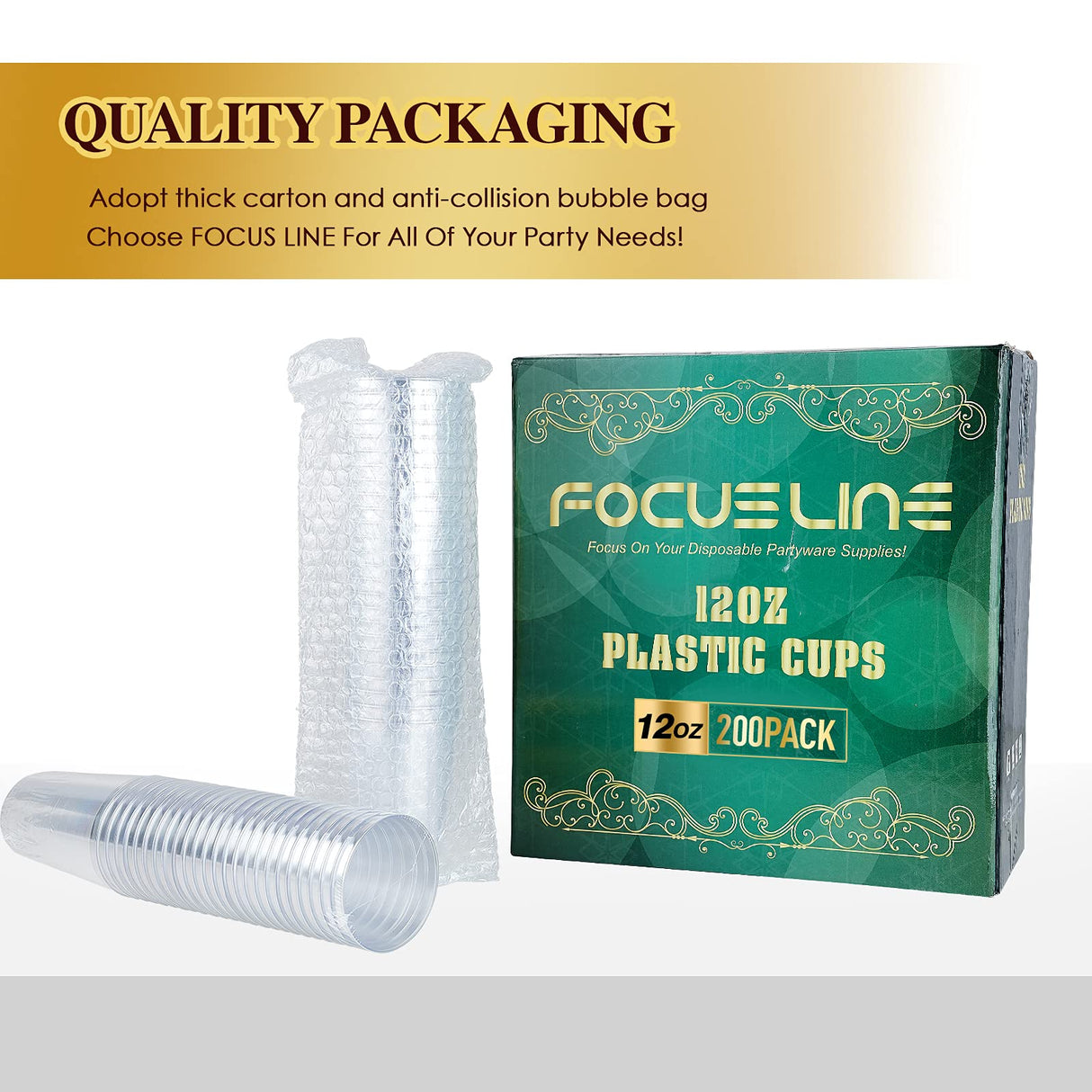 FOCUSLINE 200 Pack 12 oz Clear Plastic Cups, Disposable Cups Reusable Plastic Tumblers, Heavy-duty 12 Ounce Clear Cups Tumblers for Party, Thanksgiving, Halloween, Christmas