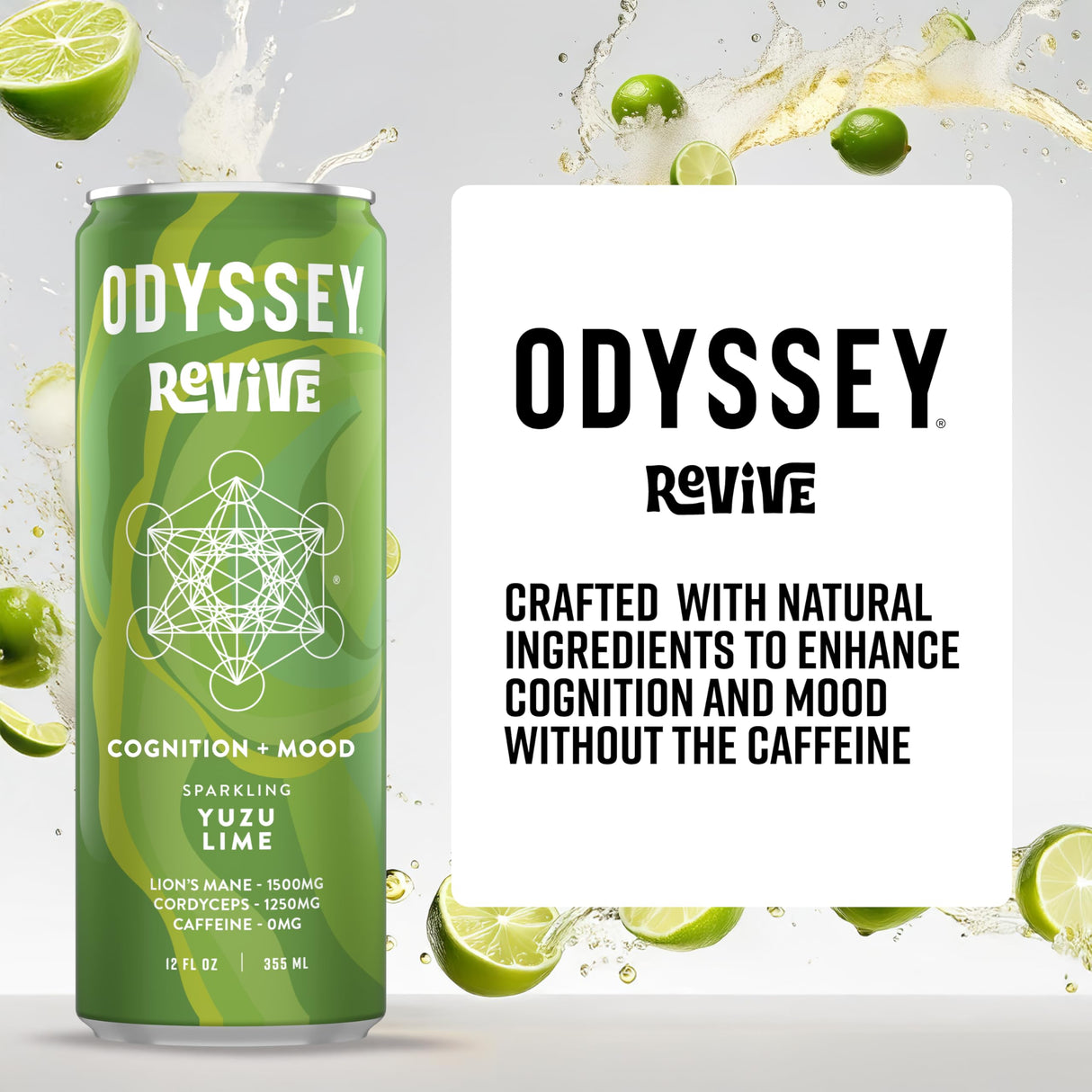 Odyssey Revive Sparkling Hydration Drink w/L Theanine, Lions Mane, Cordyceps and Electrolytes, Caffeine Free Natural Energy Drinks, Vegan, Non-GMO, Yuzu Lime Flavor, 12 Fl oz, 12 Pack
