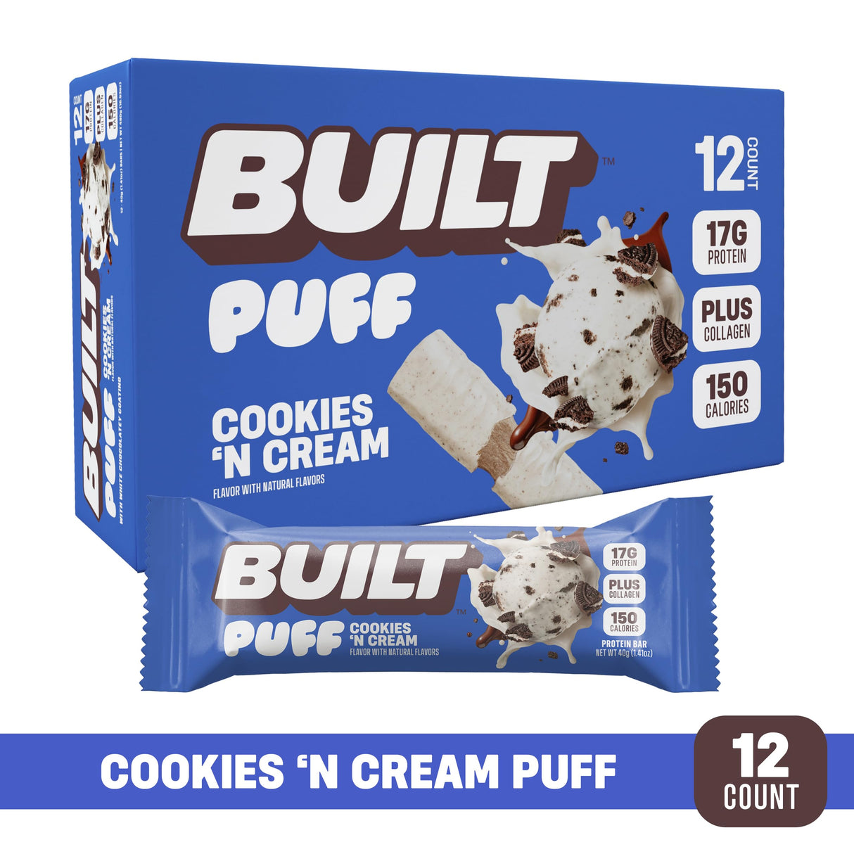 Built Bar, Puff Protein Bars, Cookies 'N Cream Puff, 17g Protein Snacks, On-The-Go Bars, Only 140 Calories, 7g Sugar, Collagen, Not Gluten Free, 12 Count