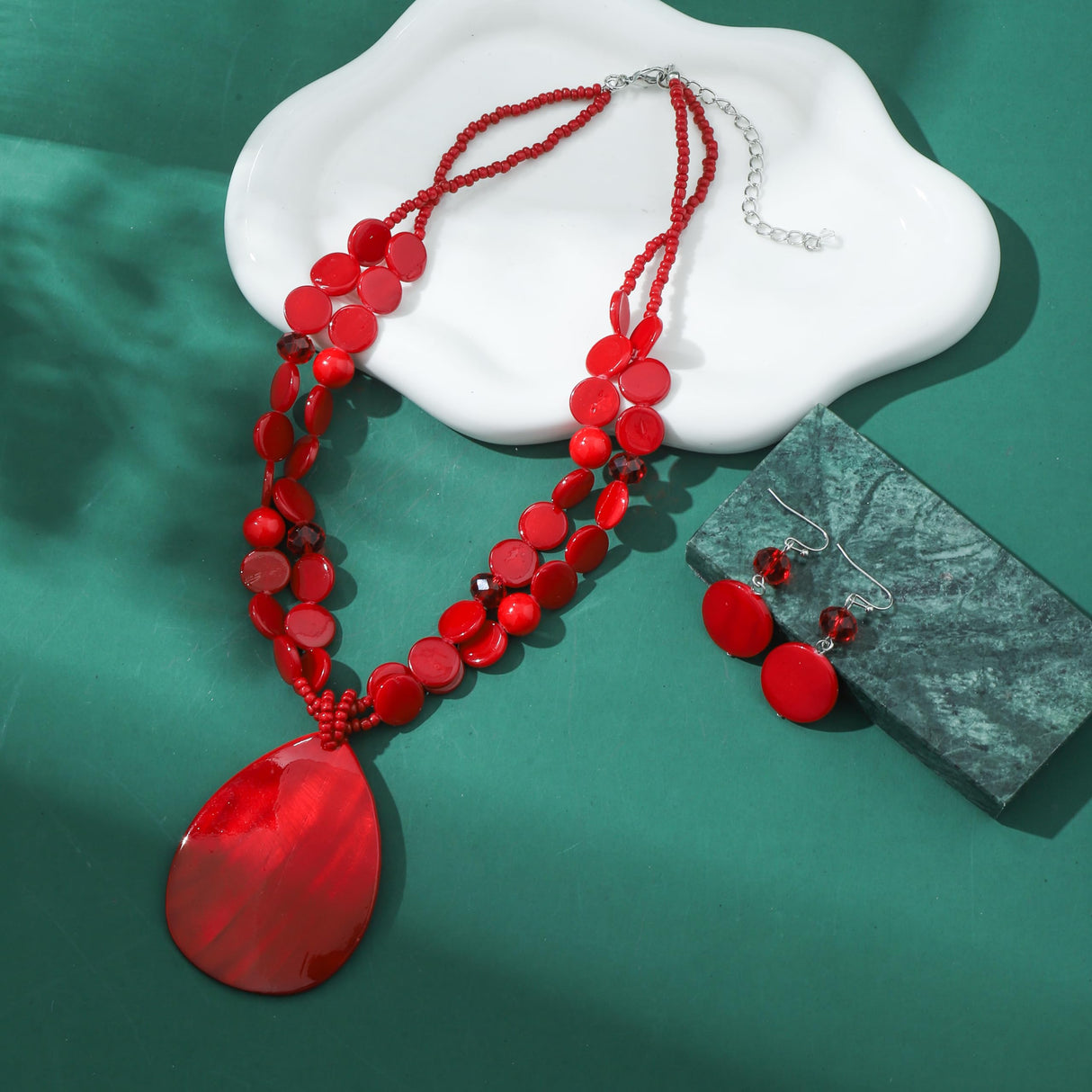 Jules D. Big Teardrop Pendant Necklaces for Women Colorful Beaded Necklaces Statement Set for Holiday. (Red)