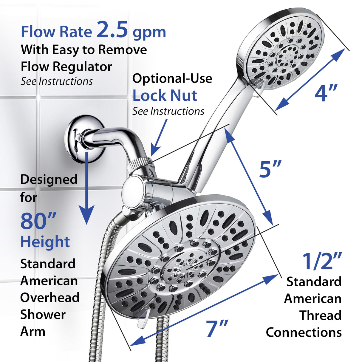 AquaDance 7" Premium High Pressure 3-Way Rainfall Combo with Stainless Steel Hose – Enjoy Luxurious 6-setting Rain Shower Head and Hand Held Shower Separately or Together – Brushed Nickel Finish