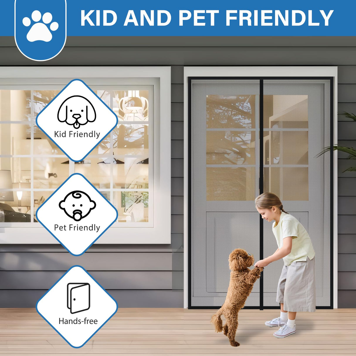 LONGEAS Upgraded PET Mesh Magnetic Screen Door Stronger Than Fiberglass and Polyester,Hands Free,Keep Bugs Out,Pet & Kid Friendly,Suitable for Sliding Doors,Patio and French Doors-72" X 80"