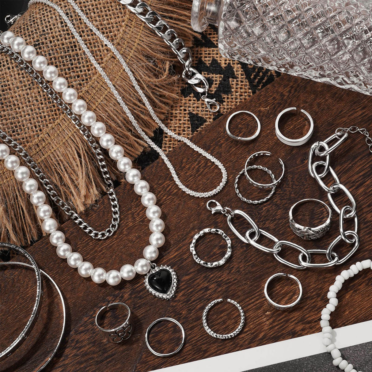 IFKM 36 PCS Silver Plated Jewelry Set with 3 PCS Necklace, 12 PCS Bracelet, 7 PCS Ear Cuffs Earring, 14 Pcs Knuckle Rings for Women Valentine Anniversary Birthday Friendship Gift
