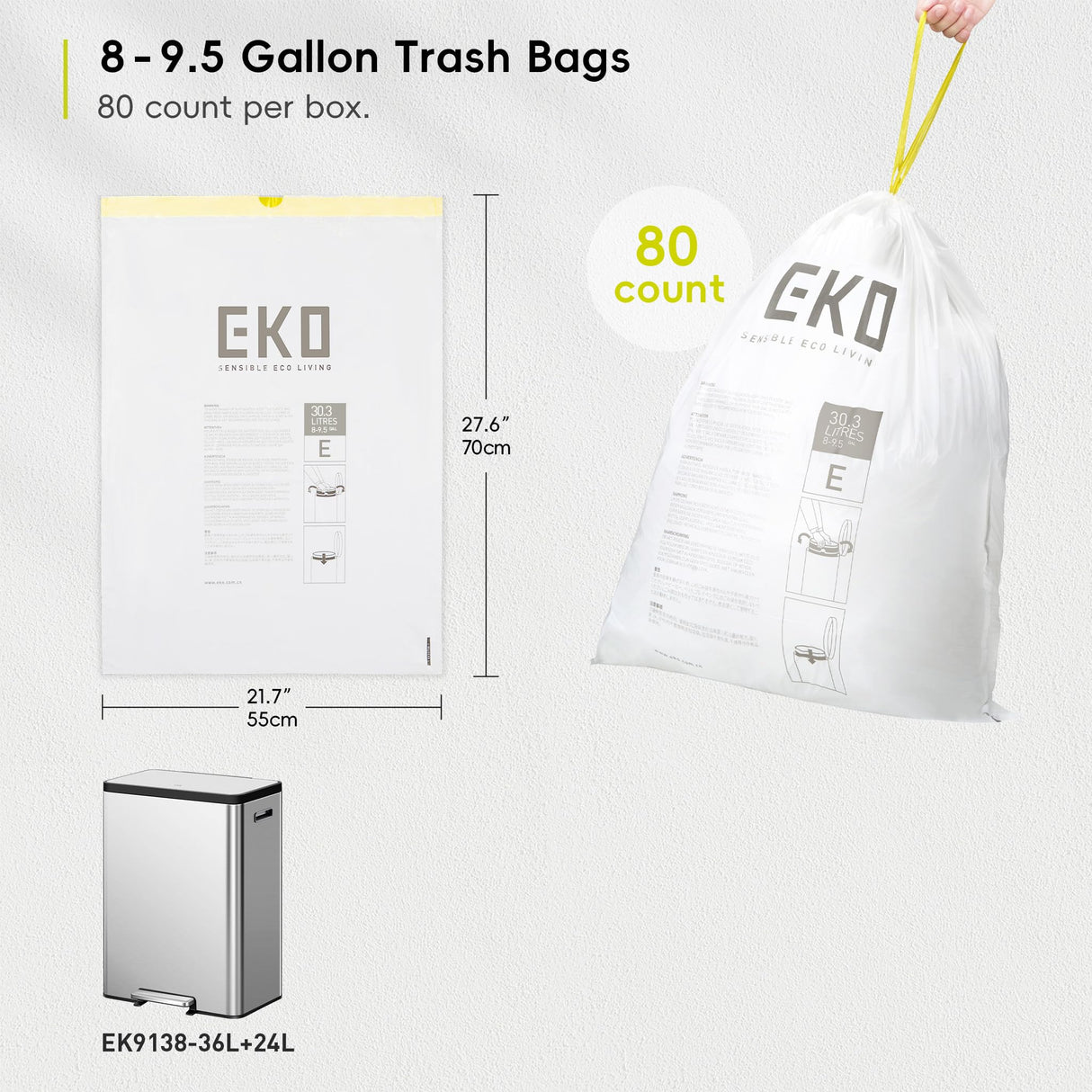 EKO Easy-Dispense Roll 80 Count Extra-Strong Drawstring Tall Kitchen Trash Bag, 8-9.5 Gallon Trash Bag (30.3L-36L) 1 Pack White, Code E