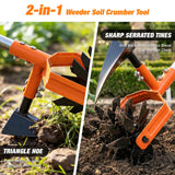 GINMIC Hand Tiller Garden Cultivator, Garden Tiller with Upgrated Triangle Hoe and Adjustable Long Handle, 2-in-1 Weeder & Soil Aerator for Lawn Care, Cultivate, Plant, Reseed, Gardening Hand Tools