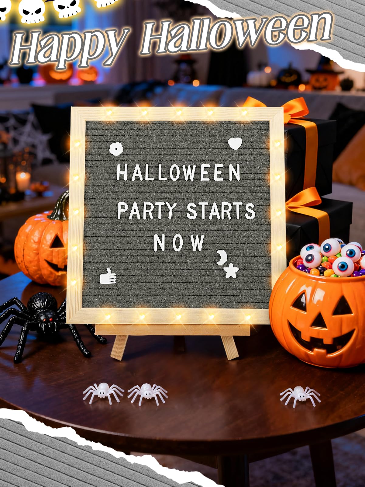 Changeable Felt Letter Board with LED Lights - 10×10" Message Custom Signs & Wood Stand & 450 Letters, Poster Board for Christmas/Pregnancy/Baby Announcement/Classroom Wall Decor Gifts, Grey