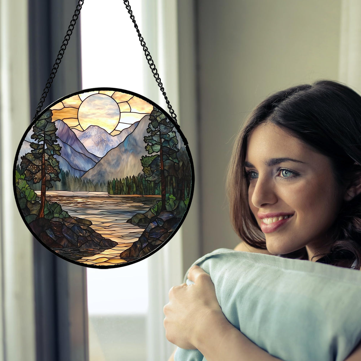 AMDERVEN Stained Glass Window Hanging, Sunset Mountains Lake Tree Sun Catcher for Window Home Decor Landscape Suncatcher Mother's Day Birthday Gifts for Women Men Mom and Nana 11.8 in