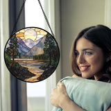 AMDERVEN Stained Glass Window Hanging, Sunset Mountains Lake Tree Sun Catcher for Window Home Decor Landscape Suncatcher Mother's Day Birthday Gifts for Women Men Mom and Nana 11.8 in