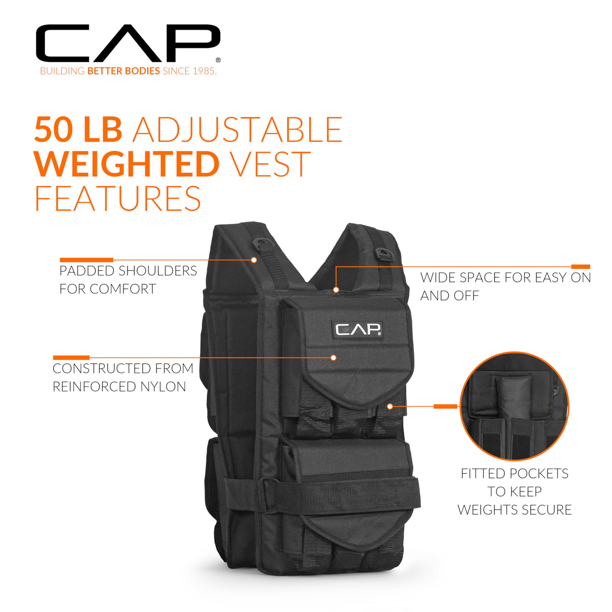 CAP Barbell Adjustable Weighted Vest, 50 lb, Black