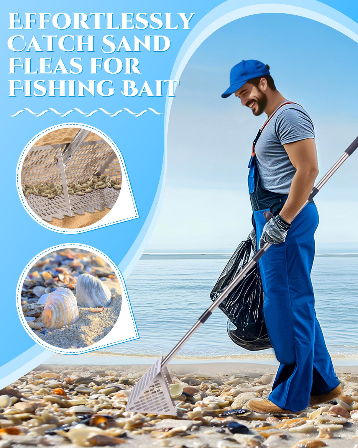 Sand Flea Rake 16" Wide - Detachable 54" Handle with Shark Tooth Screen - Stainless Steel Beach Rake for Fishing Bait, Shelling, Yard Cleaning - Saltwater Rust Proof & Portable